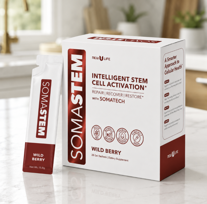 SomaStem Wild Berry box and gel sachet beside folded towels on a marble bathroom counter