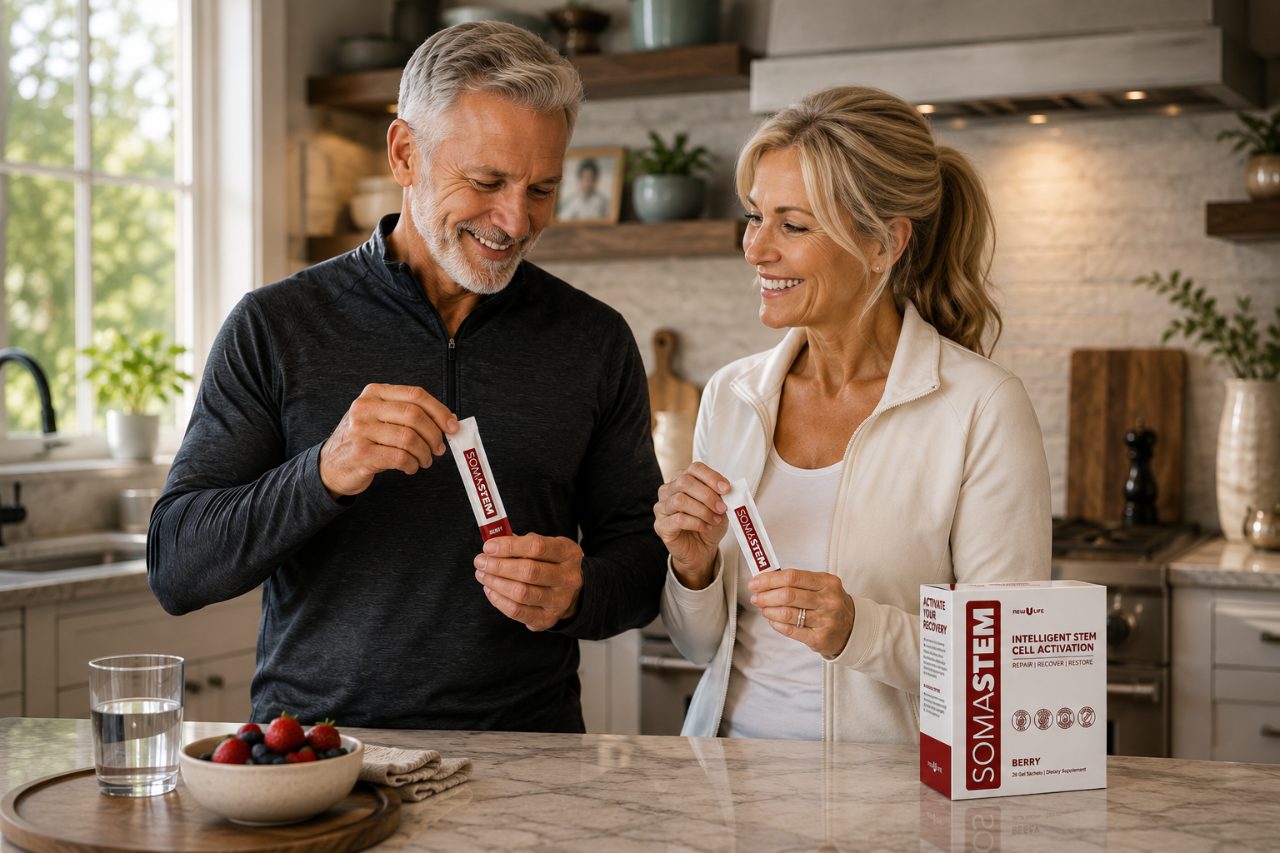A couple in their kitchen opening SomaStem berry gel sachets
