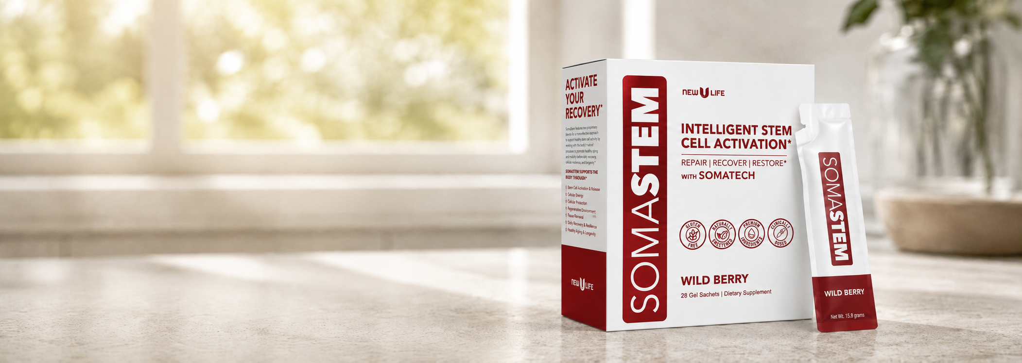 SomaStem Wild Berry box and gel sachet on a sunlit kitchen counter
