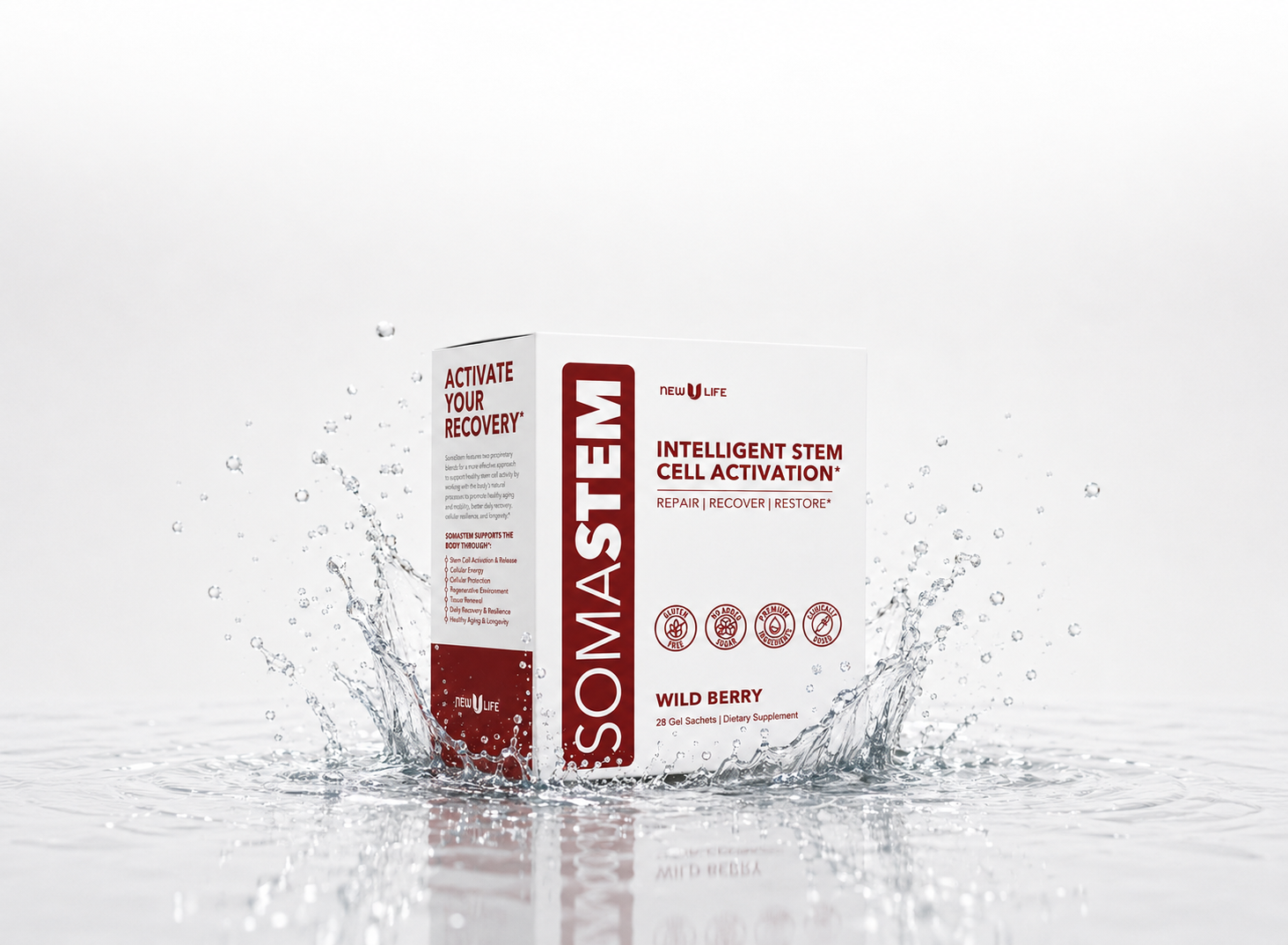 SomaStem Wild Berry box splashing into water
